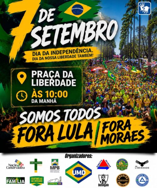 Ato na Praça da Liberdade levará milhares às ruas com críticas ao STF e ao governo Lula neste 7 de Setembro